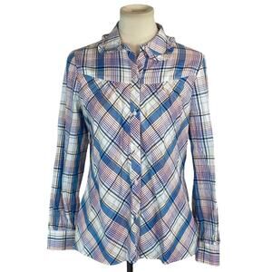 Untuckit Margot Plaid Ruffle Collar Cotton Shirt Size S